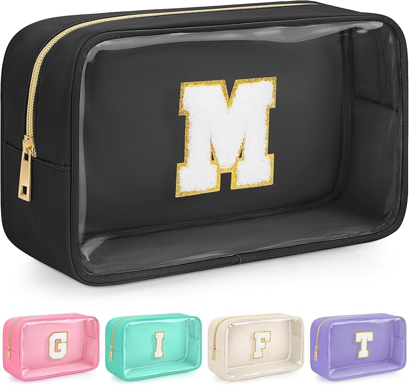 Necessaire de maquiagem WELIDAY com patch de chenille com letra M, preta