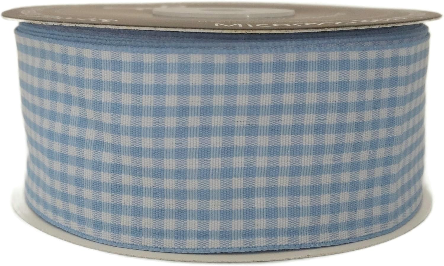 Micomon 1.5-Inch Light Blue and White Woven Edge Plaid Chekered Ribbon 100% Polyester Gingham Ribbon 25 Yards Each Roll for Baby Shower Packing Decoration(1-1/2",Lt.Blue) image 2