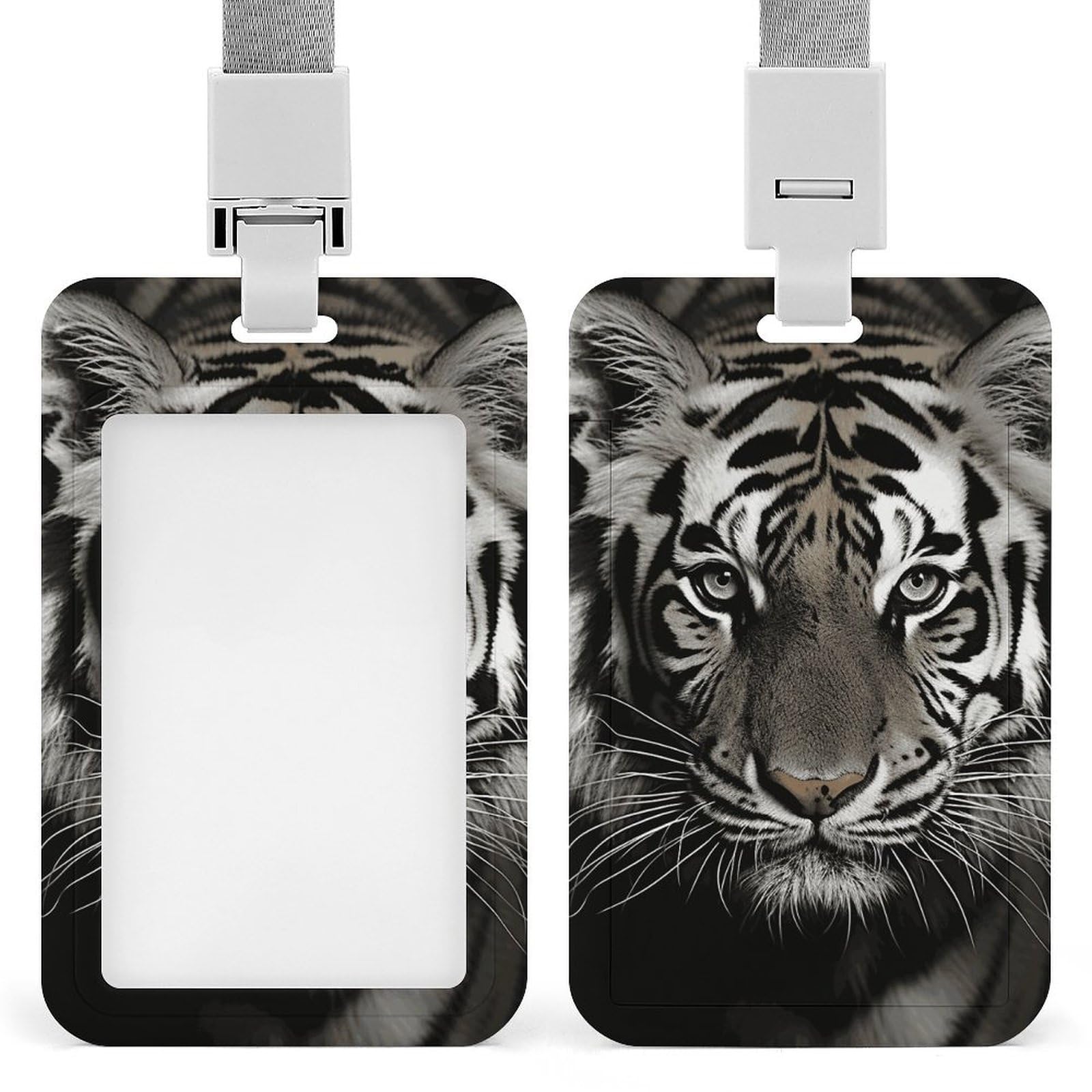 ID Card Holders for Lanyard,Black and White Tiger Printed Badge Holder with Clear Window,Plastic Vertical Bus Pass Holders for Work Teacher Nurse Employees Proximity Key Cards Women Men — image 1