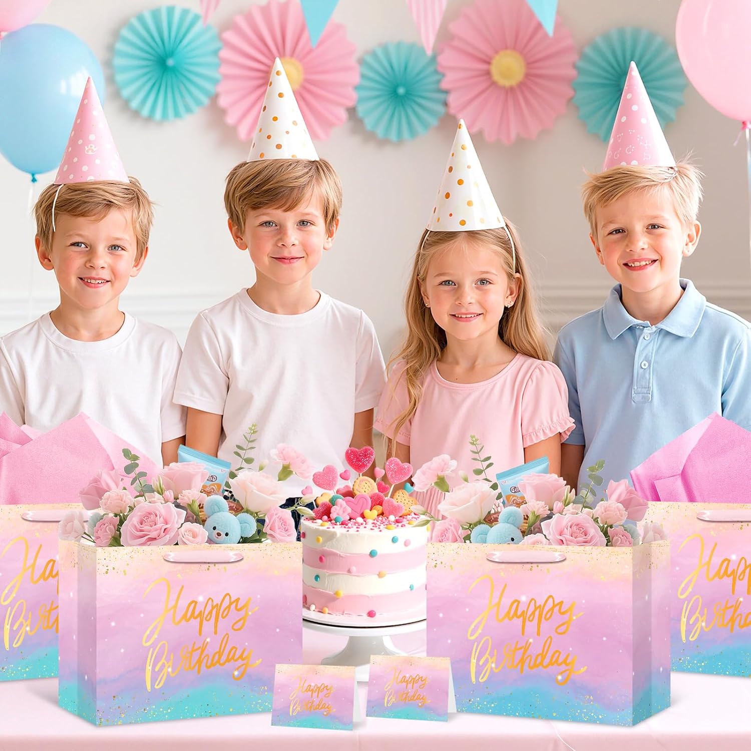 Pink Ombre Birthday Gift Bag Large Gradient Pink Purple Happy Birthday Gift Wrapping Paper Bag with Handles Tissue Paper Greeting Card Star Galaxy Favors Bag for Women Girls Baby Shower Party Supplies - Image 5