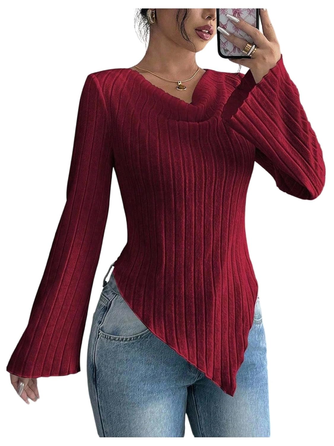 MakeMeChic Womens Long Sleeve Tops Y2k Casual Fall Sweater Off Shoulder Asymmetrical Knit Fitted Shirts
