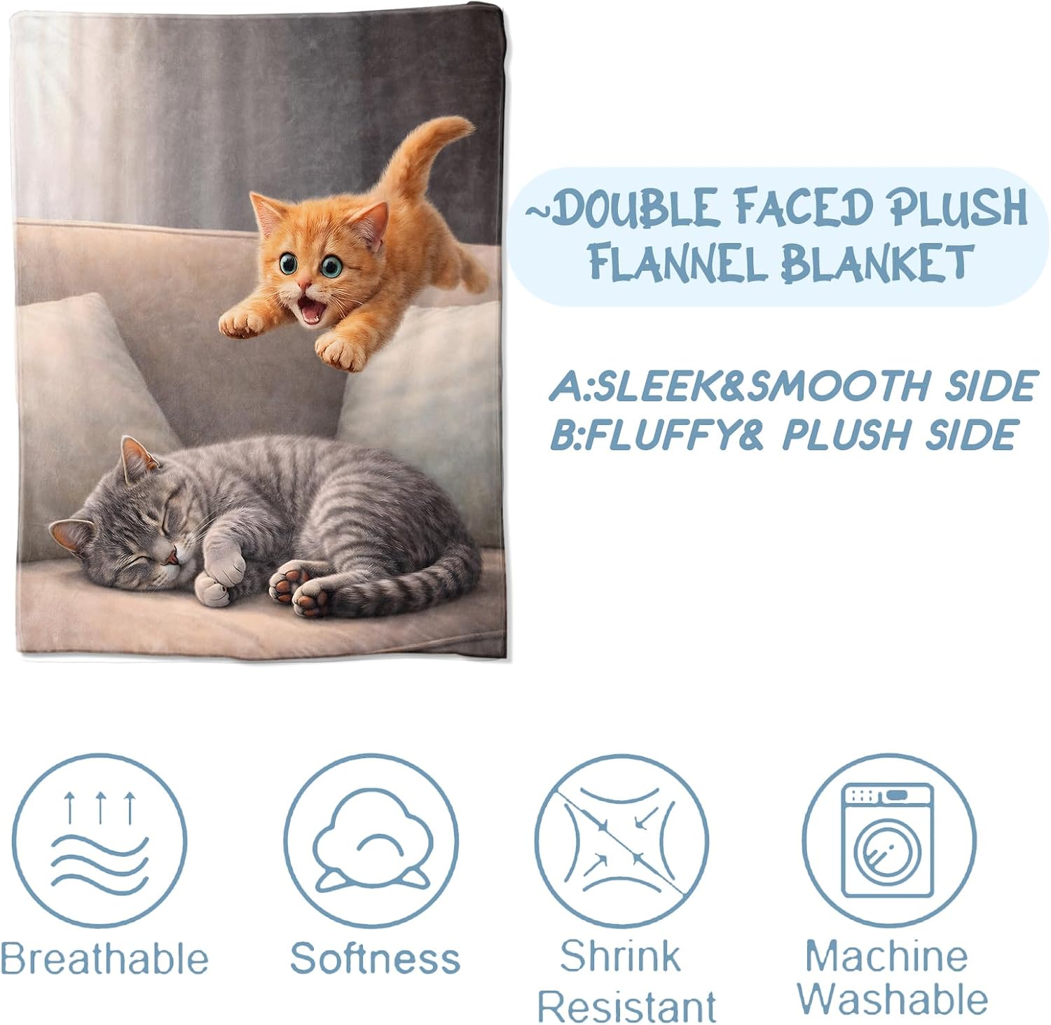 Playful Cat Cozy Throw Blanket for Couch Sofa Bed, Soft Flannel Cute Kitten Blankets for Women Kids Girls, Warm Lightweight Whimsical Adorable Throws for Room Decor Gifts, 50x60 Inches image 3
