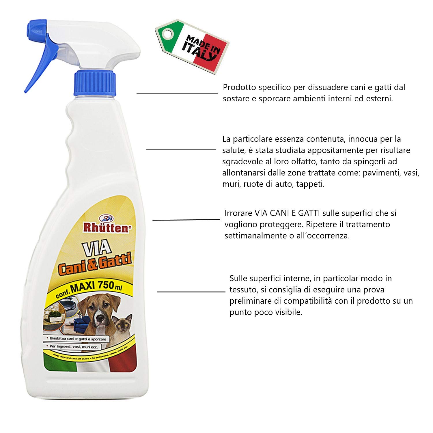 Rhutten 2 x Spray Repellente Via Cani e Gatti 750 ml- per Educare Disabituare Animali Domestici o Randagi - Uso Interno Esterno
