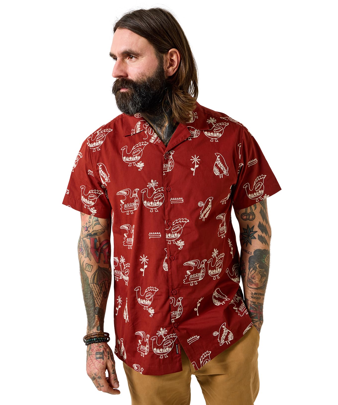Joe Browns Mens Embroidered Bird Open Flat Collar Shirt, Rust, L UK