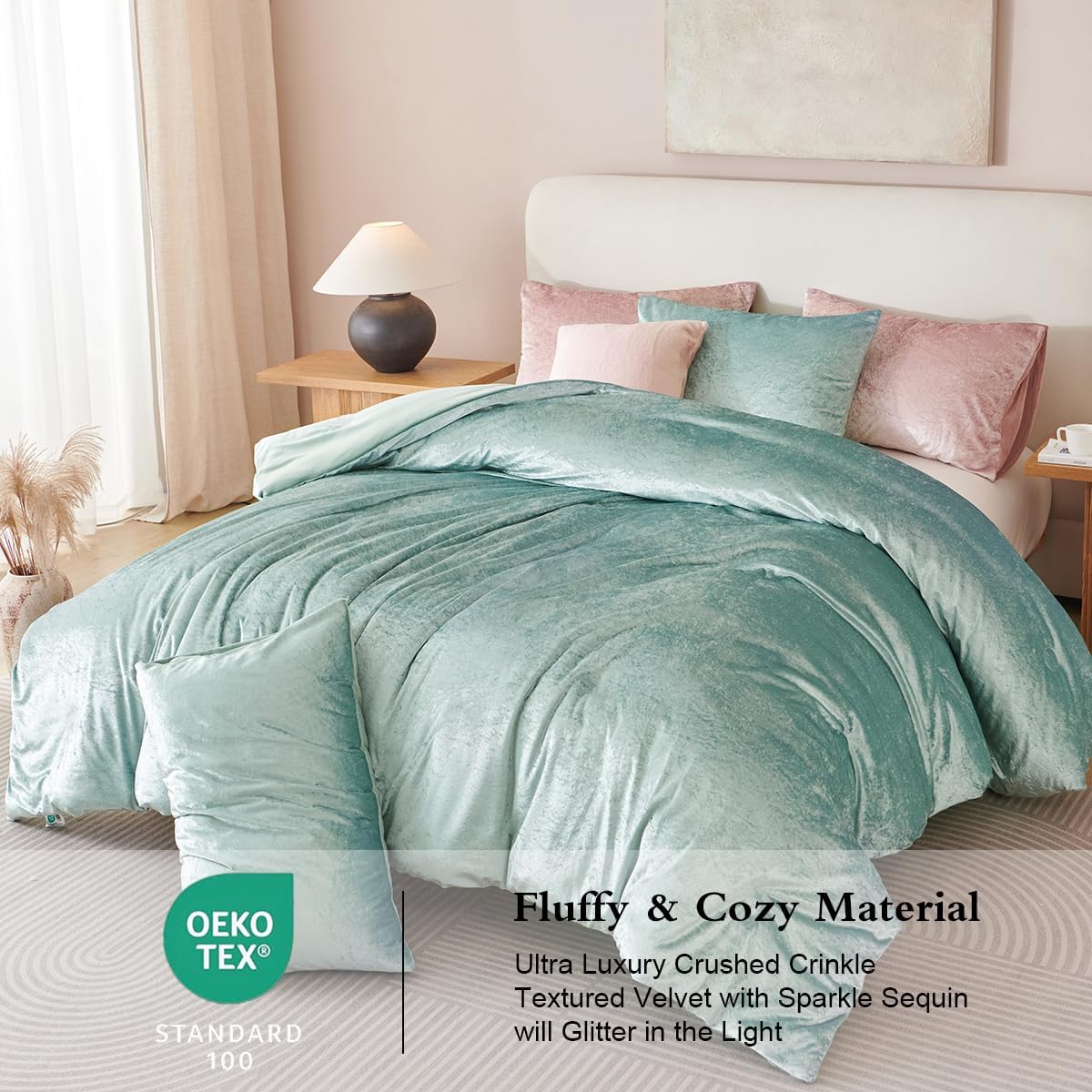 Green Duvet Cover Set King Size Crushed Velvet Luxury Bedding Set Flannel Cozy Winter Warm Comforter Duvet Cover with Zipper Closure and 2 Pillowcases 20" x 36"