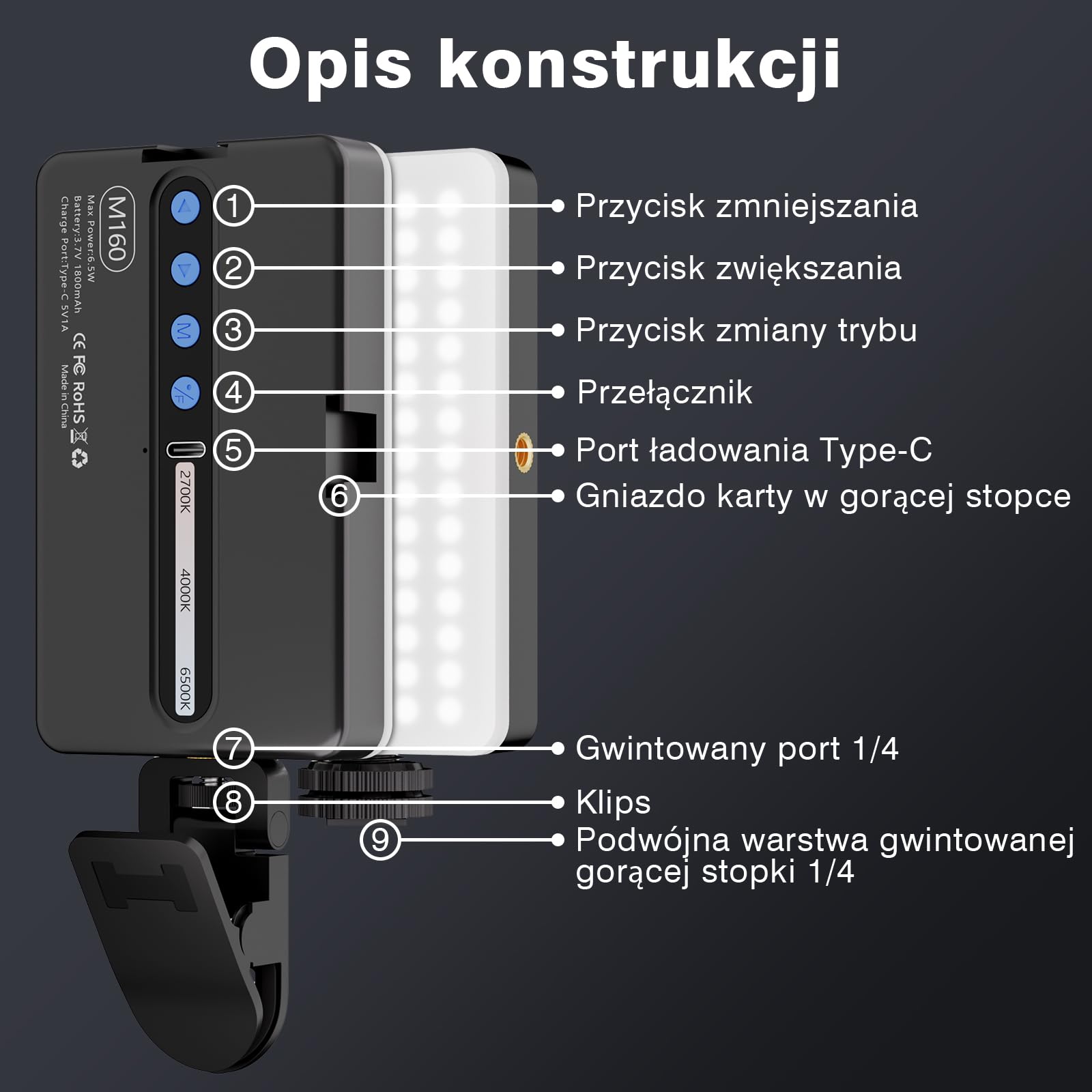 90 LED Przenośna Lampka do Selfie, CRI 95+ Akumulator Lampka Wypełniająca do Telefonu z Klipsem, Regulowane 3 tryby światła i 10 Poziomów Jasności do Telefonu, Laptopa, Aparatu