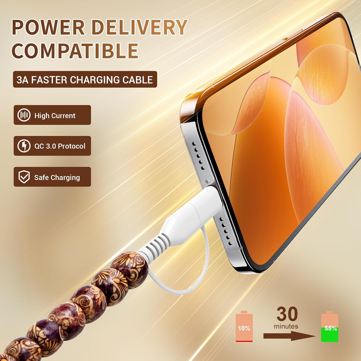 Aolcev 4 in 1 USB C Cable Multi Beaded for iPhone Charger Cord for iPhone 17 16 15 Pro Max 3.3FT Fast Charging Cable 66W USB A Type C iOS Cable for iPhone 14 13 Pro Max Galaxy S25 Wooden Brown - Image 6