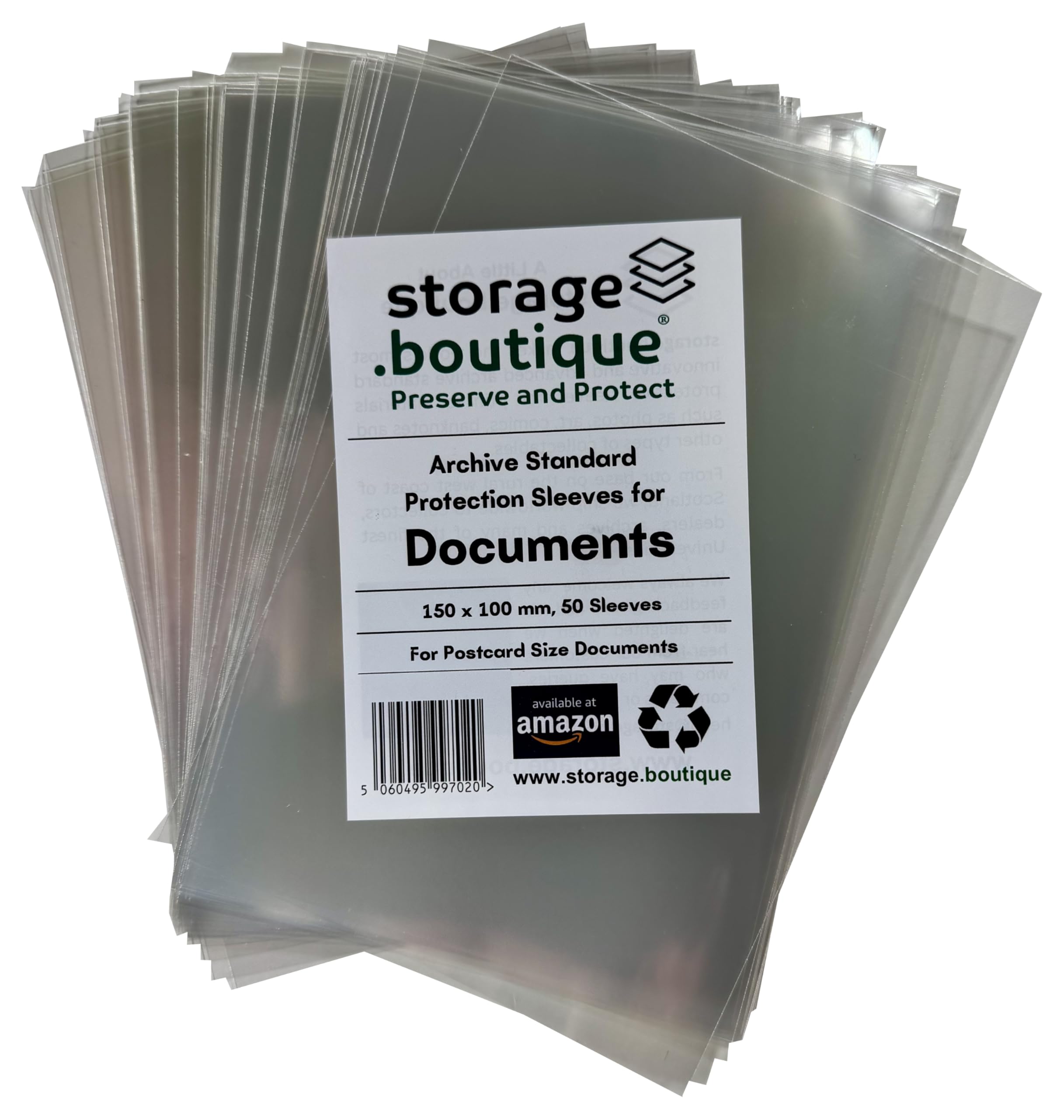storage.boutique Document/Paper Ephemera Protection Sleeves, Archive Standard, Acid Free, Postcard Size, 150 x 100 mm, 50