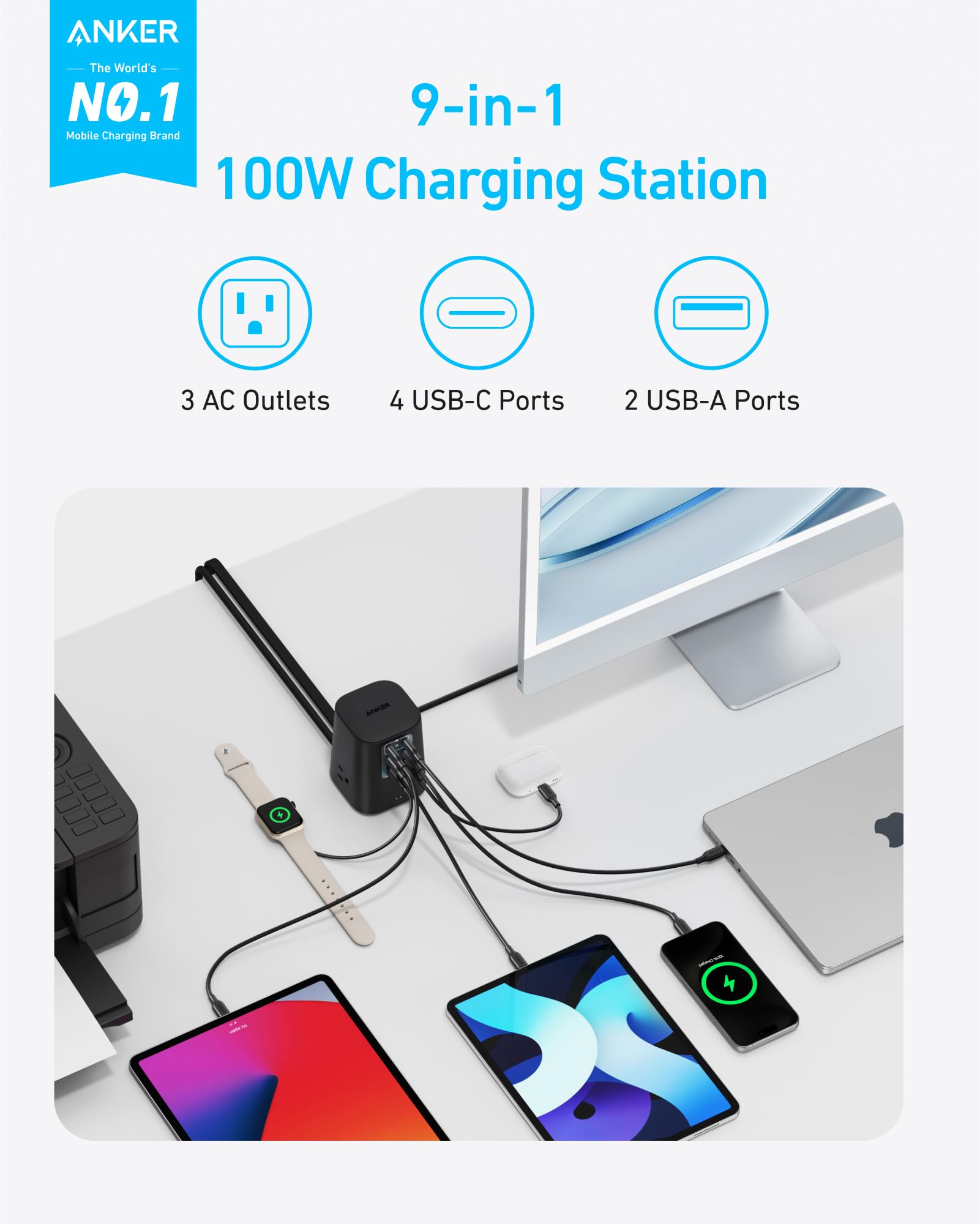 Anker Charging Station (100W), 9-in-1 USB-C Power Strip with 300J Surge Protection, for iPhone 16 & MacBook, 5 ft Flat Cable and Plug, 4 USB-C and 2 USB-A Ports, 3 AC Outlets, for Home, Office - Image 2