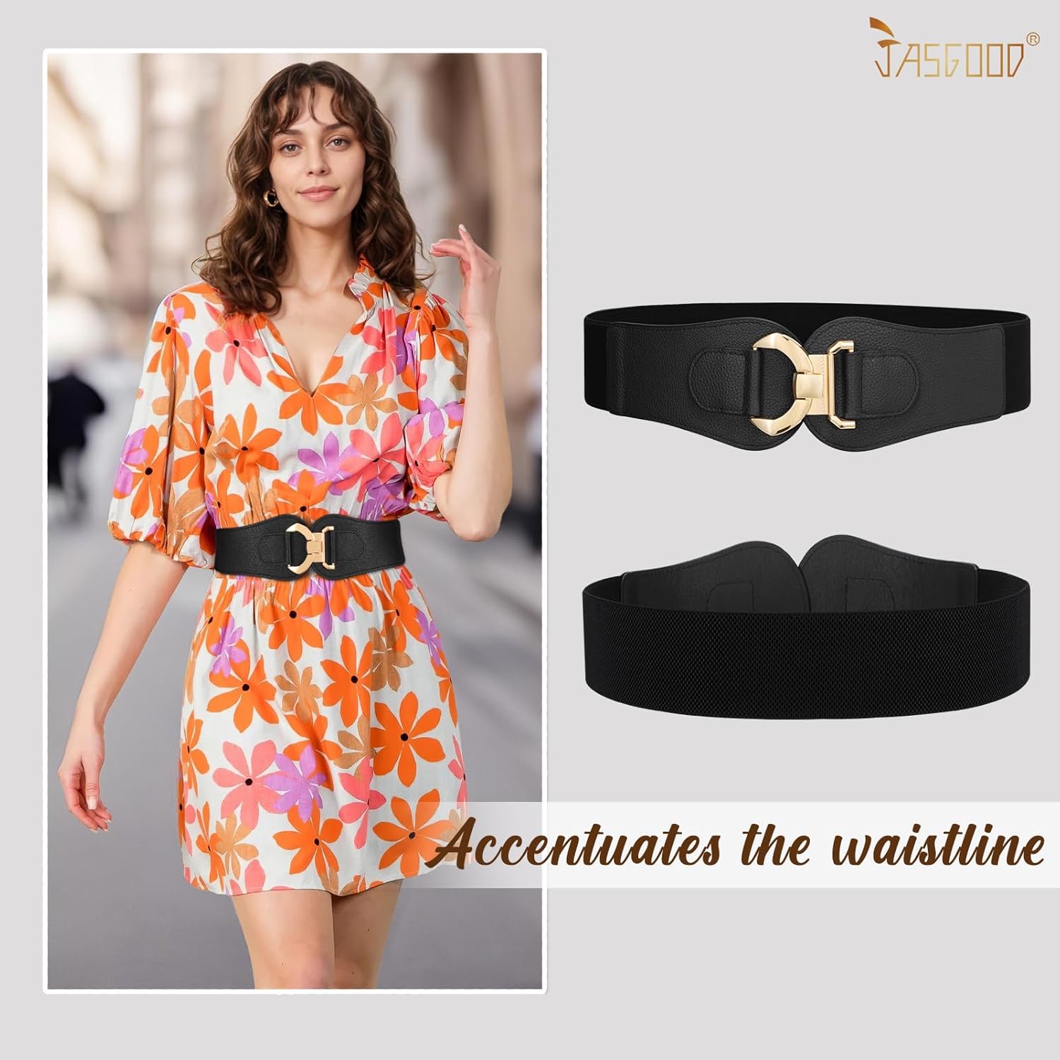 JASGOOD Women's Wide Stretchy Waist Belts for Dresses Vintage Elastic Waistband with Gold Buckle - Image 2