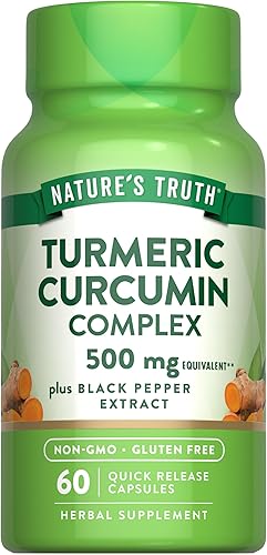 Curcumina de cúrcuma con extracto de pimienta negra | 500 mg | 60 cápsulas | Suplemento complejo sin OMG y sin gluten | por Nature's Truth