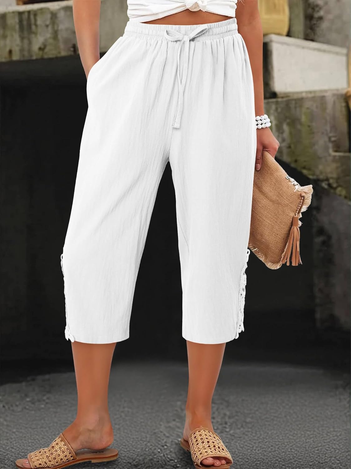 ONLYSHE Womens Capri Pants Casual Cotton Linen Trousers Lightweight Drawstring Elastic Waist Pants with Pockets,XS-3XL - Image 2