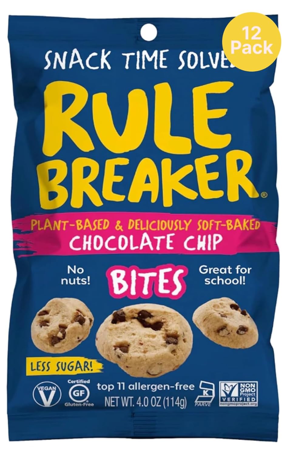 Rule Breaker Vegan & Gluten-Free Cookies | Chocolate Chip Bites | Plant-Based, Dairy, Nut, Soy, Allergen Free, Kosher | Great For School, Office, Pantry | Soft-Baked School Snacks for Kids and Adults (Pack of 12)