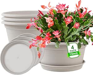 Large 4 Pack 13 inch Plant Pots, Round Plastic Pots for Plants, Gray White