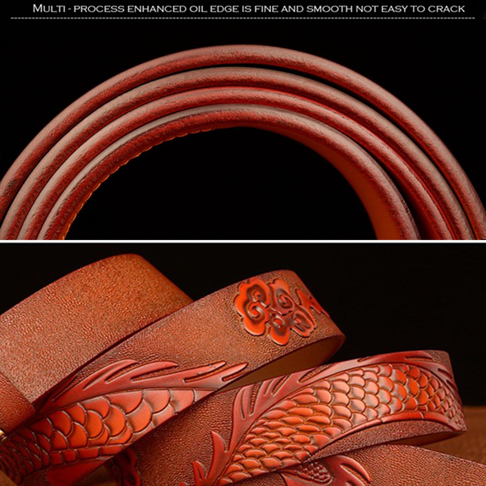 Cinturón De Trinquete For Hombre, Piel Auténtica, 3,5 Cm Ancho, Cierre Automático, Hebilla Deslizante, Escultura Decorativa Grabada En Oro