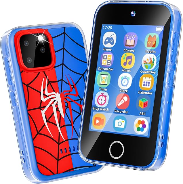Téléphone pour enfants 3.5" Ecran tactile, Smartphone avec appareil photo double, Téléphone pour jouets d'araignées pour garçons 3-8, Apprentissage ABC & Habit Tracker, Anniversaire