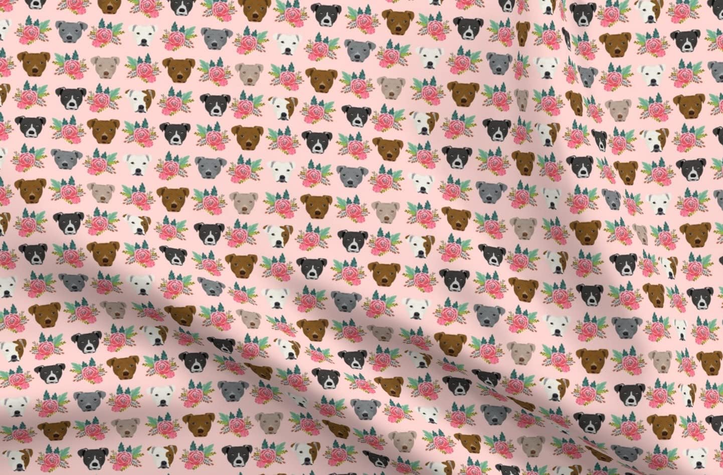 Spoonflower Fabric - Pitbull Floral Head Pitbulls Dogs Pitty Florals Pet Portrait Printed on Petal Signature Cotton Fabric by The Yard - Sewing Quilting Apparel Crafts Decor