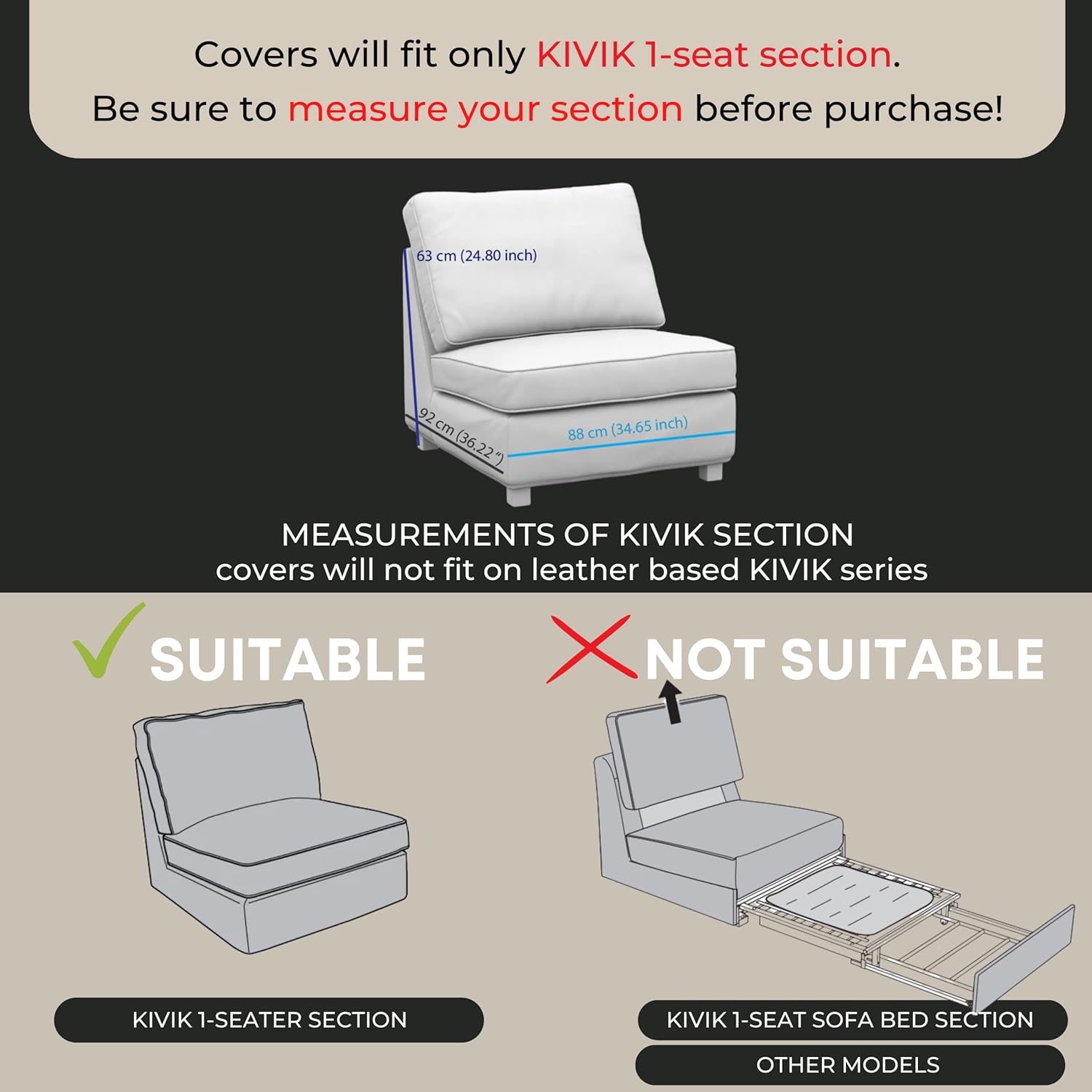 comfortly | Cover for KIVIK 1 Seat Section, Replacement Slipcover, Heavy Duty 3 pcs Cover, Pets and Stain Proof Durable Nano-Tech Fabric, Easy to Clean & Replace (Cashmere Blends - Silver)