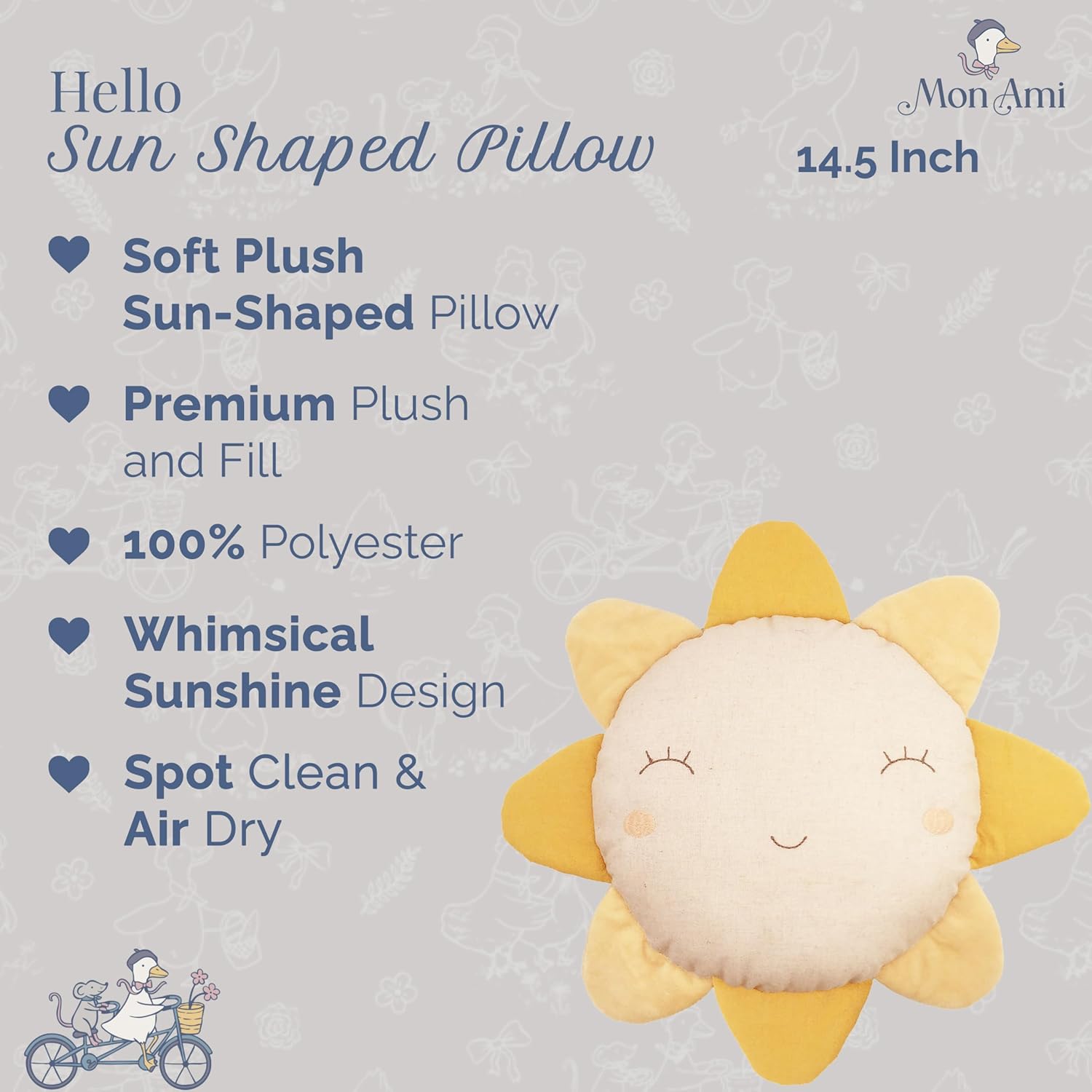 MON AMI Sunny Day, Sun Shaped Throw Pillow – 14.5” Plush Decorative Cushion for Bed, Couch, or Room Décor, Whimsical Sun Accent Pillow, Soft Home Decoration