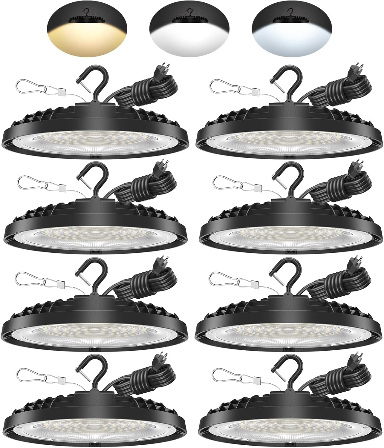 200W UFO LED High Bay Light, Adjustable Wattage 200W/150W/100W, 3-Color Temperature (6500K/5000K/3500K), 28,000LM, AC100-277V, Plug & Play LED Shop Lights Fixture for Warehouse, Garage, Factory 8 Pack