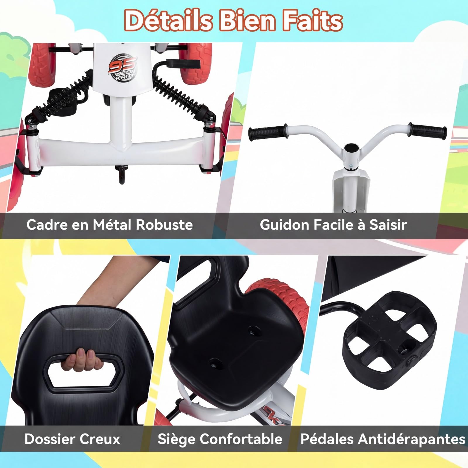 DREAMADE Kart à Pédales pour Enfants avec Siège Réglable 2 Positions, 4 Roues Résistantes à l'usure, Angle de Sécurité Limité, Karting Enfant pour Garçons et Filles de 3+ Ans, Charge 30 kg (Blanc)