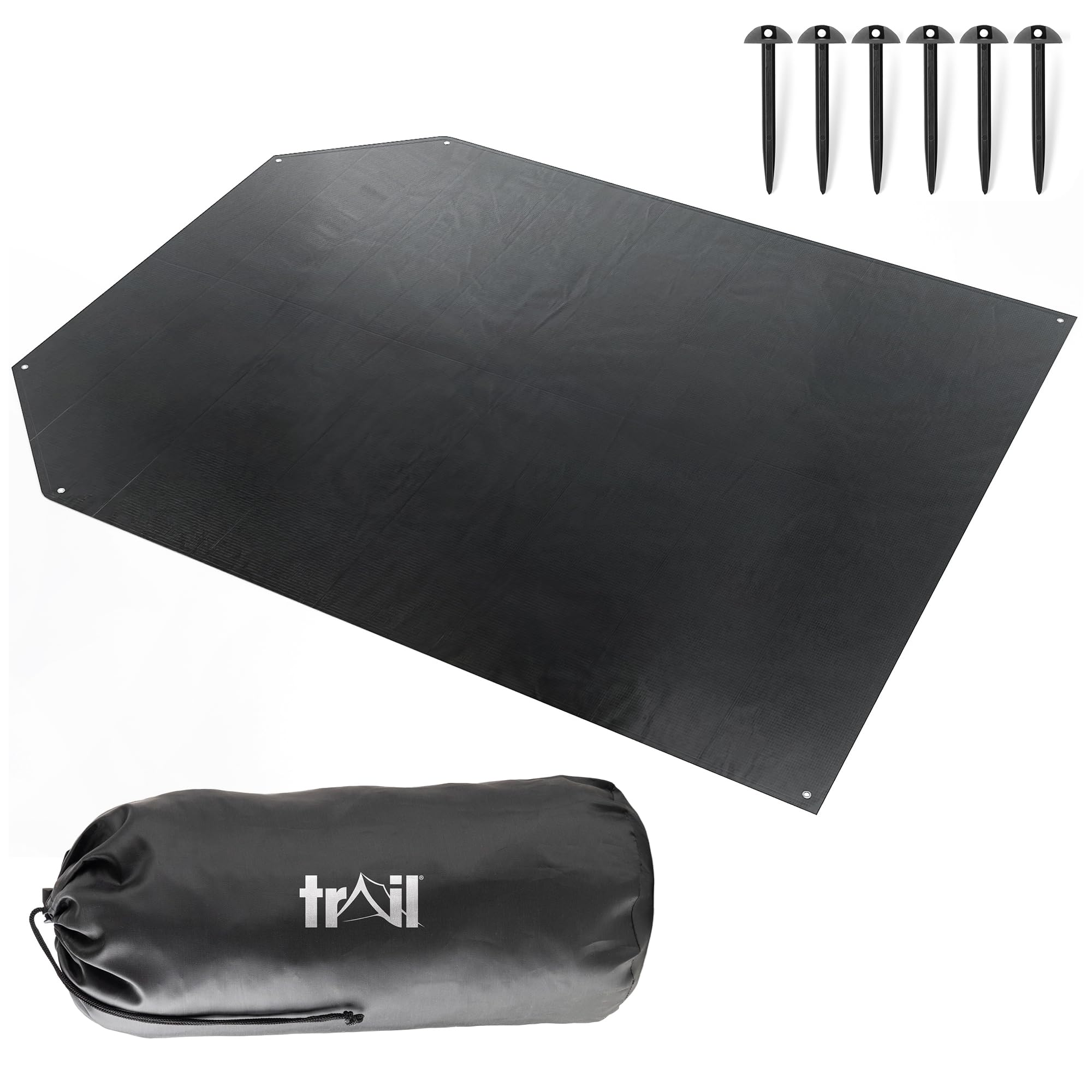 Trail Tent Footprint – Groundsheet Protector, 470cm x 350cm – Shaped to Fit Trail Brazen 6 tent, Heavy-Duty Camping Tarp & Awning Ground Cover, Floor Saver with Pegs & Carry Bag Included