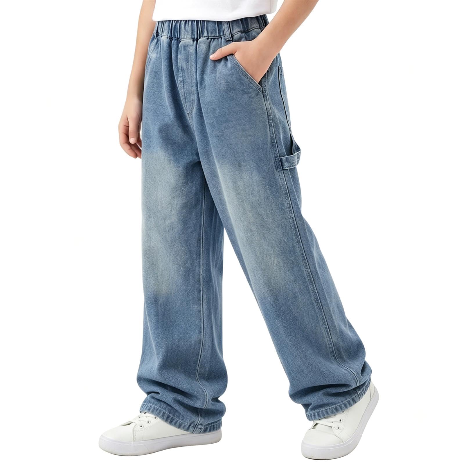 Jeans Baggy Garçon Enfant Pantalon en Denim avec Multiples Poches Taille Élastique Décontracté Loose Fit Coupe Droite Jeans Mode Casual Streetwear Pantalons pour Ado 7-15 Ans