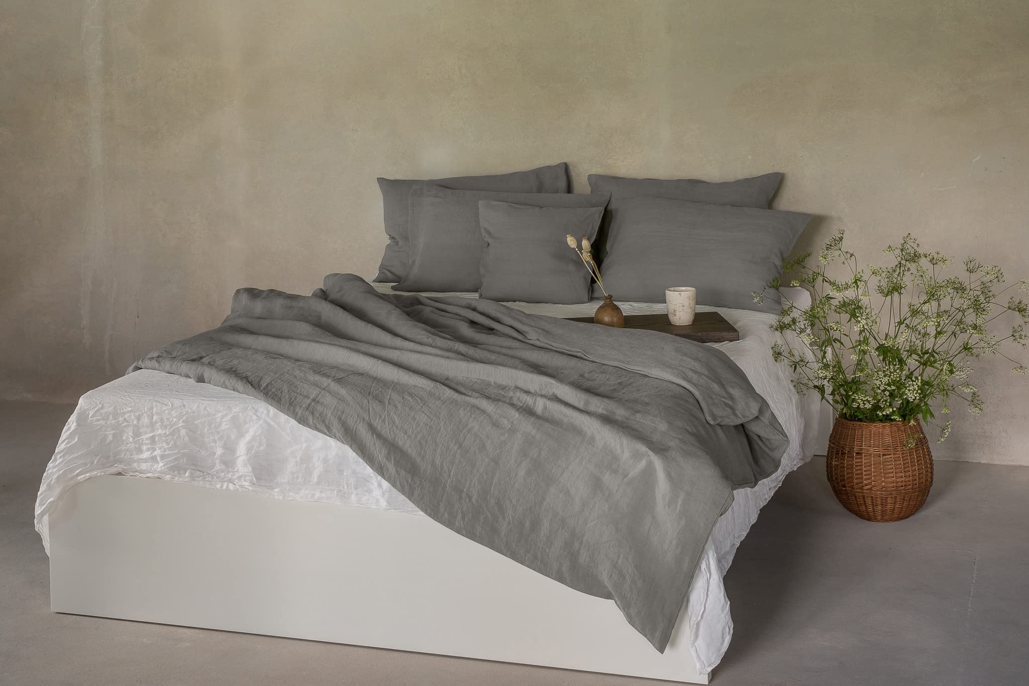 Zestaw pościeli lnianej, 100% naturalny len, z włókien naturalnych, z zamknięciem hotelowym (szary, 200 x 200 cm, 2 szt. 80 x 80 cm)