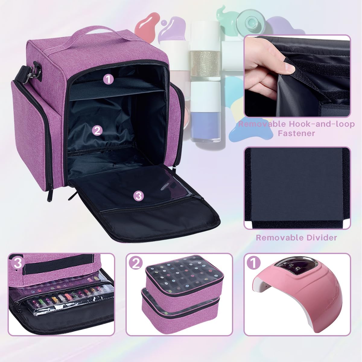 Nail Polish Organizer Holds 60 Bottles and a Nail Lamp,Portable Travel Case with 2 Removable Bags and Tools Storage Pockets Purple