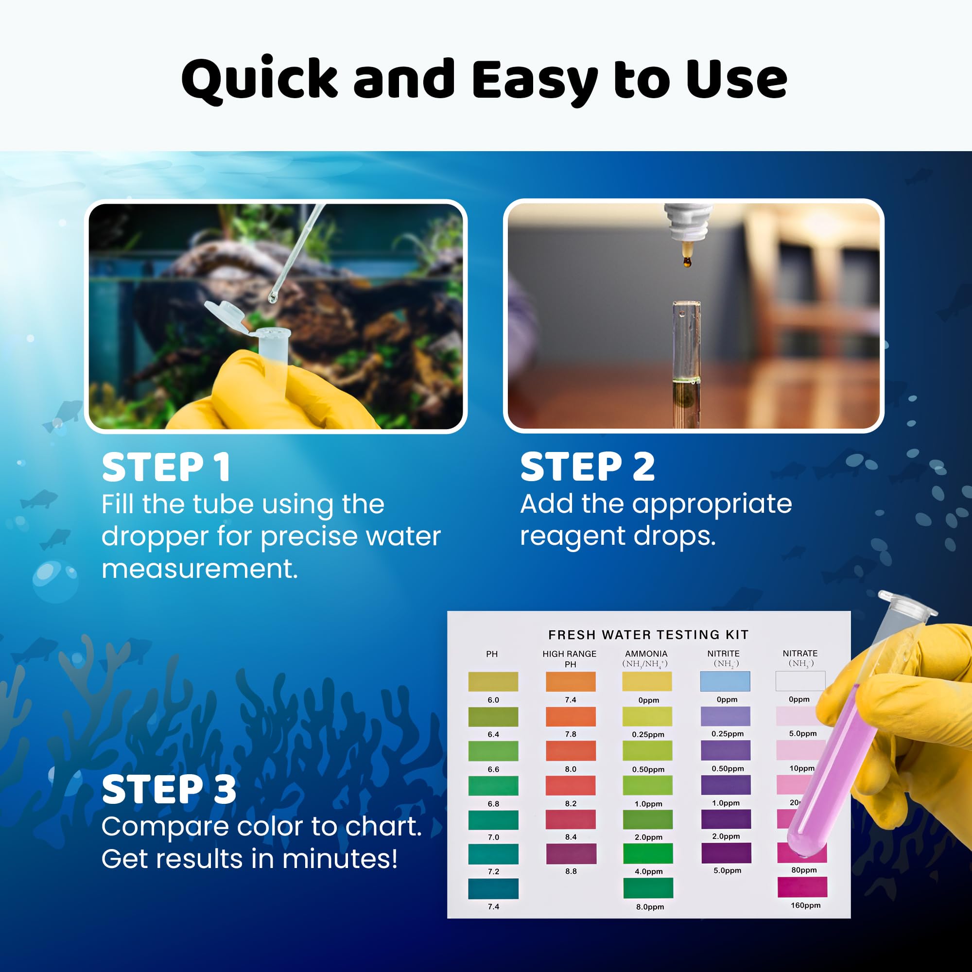 Kit de prueba de agua de acuario para agua dulce y salada, prueba de pH, amoníaco, nitrito, nitrato