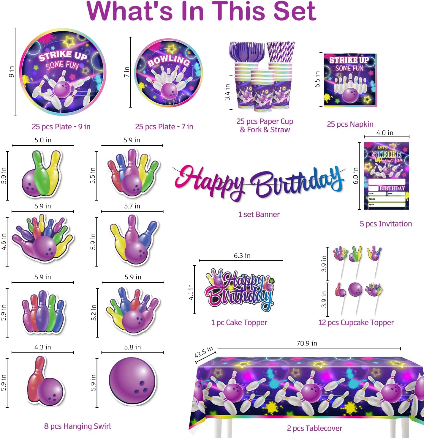 187PCS Bowling Party Decorations Tableware Set Serve 25 Guests, All-in-1 Bowling Party Supplies Includes Banner, Plates, Invite Cards, Tablecloth, Cupake Toppers, Bowling Birthday Decorations for Boys