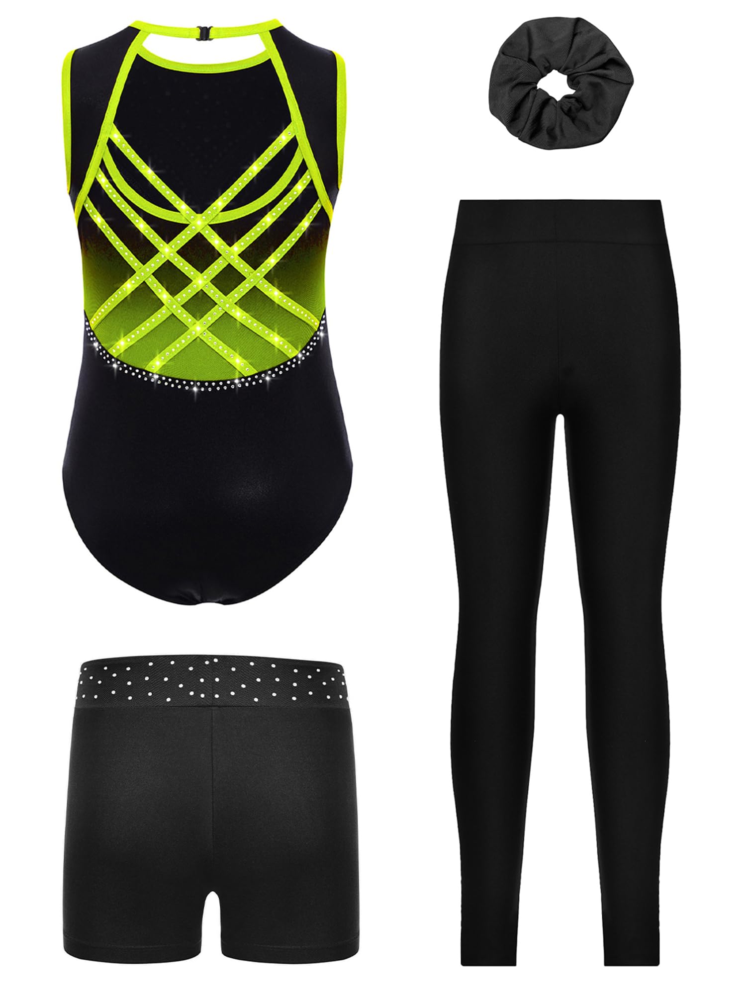 Pezzi Tutu Da Ginnastica Per Bambina Scintillante Tutu Da Ginnastica Con Pantaloncini Shorts Fazzoletto Per Capelli Leotard Da Da Maglia Da Per Competizioni Verde fluorescente 5-6 anni