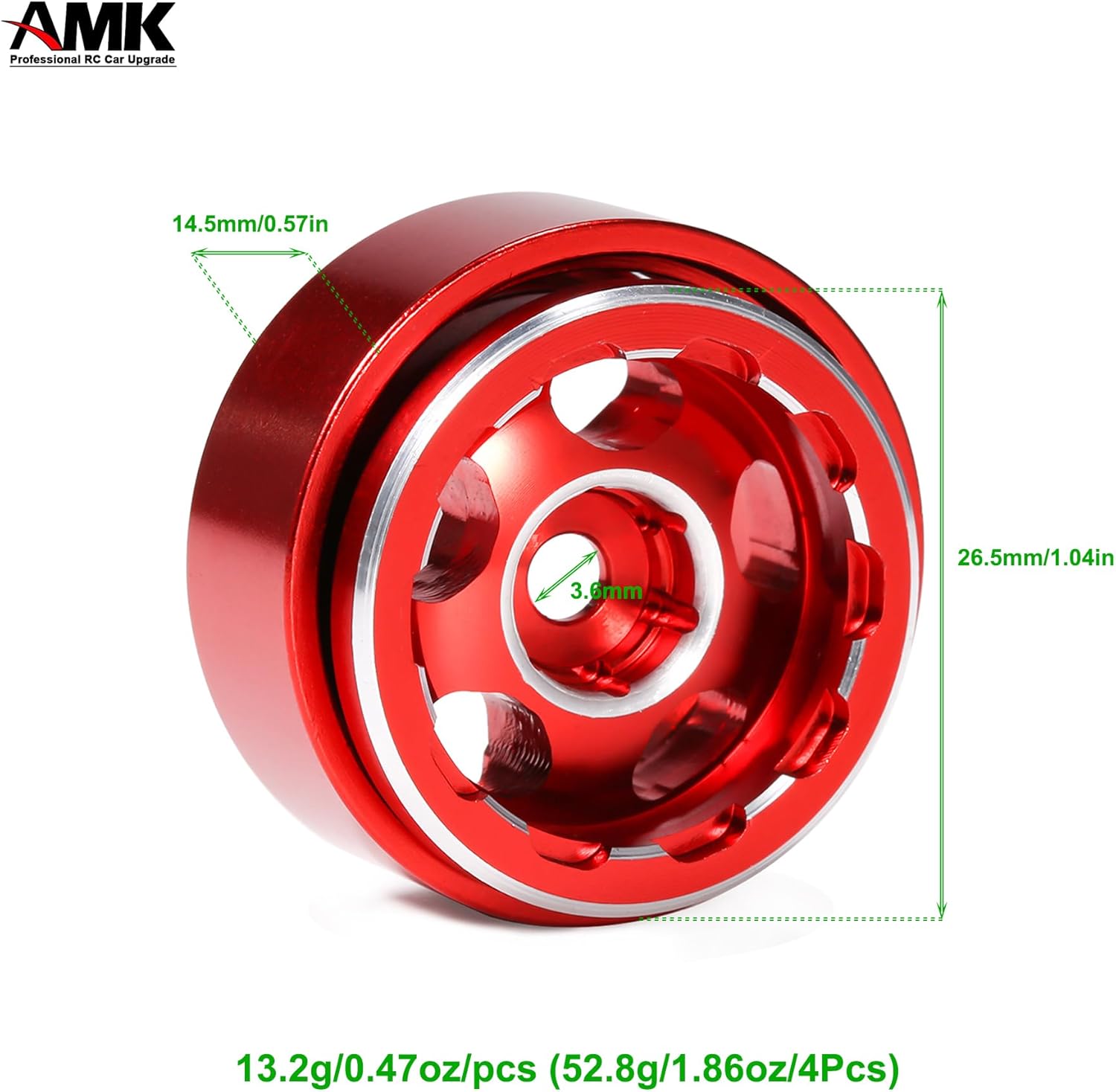 AMK Aluminum 1.0 Beadlock Wheels Rims 7mm Hex Hub 30 * 14.5mm with Negative Offset for 1/24 RC Crawler Axial SCX24 AX24 FCX24 1/18 Truck TRX4M Upgrades 4Pcs (Red)