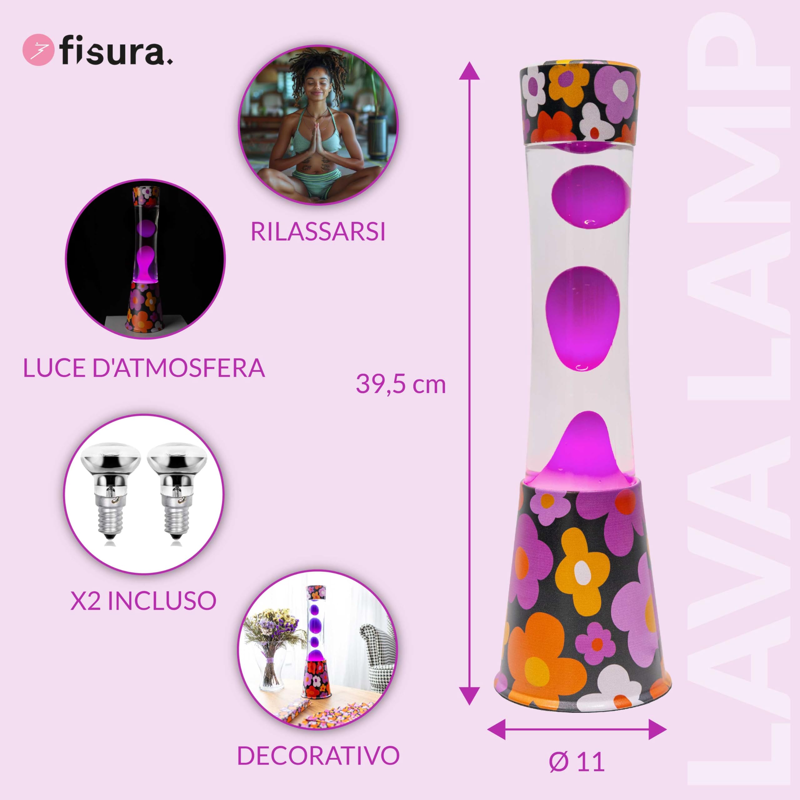 Fisura - Lampada lava fiori. Base con stampa floreale, liquido trasparente e lava viola. Effetto rilassante. Con lampadina di ricambio. 11 cm x 11 cm x 39,5 cm.