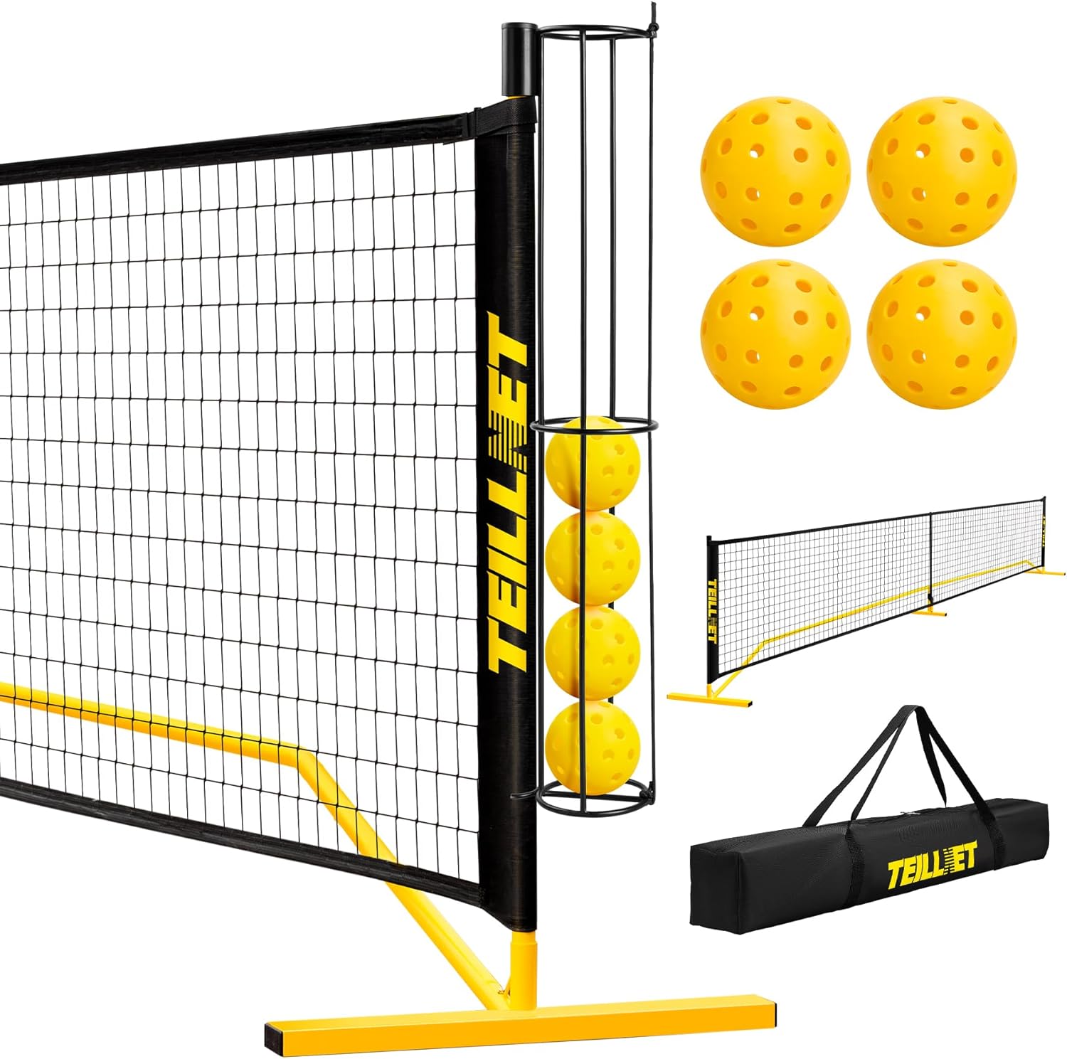 Teillnet Pickleball Net Set – 22FT Portable Net with Metal Holder & 4 Balls, Sturdy Steel Frame Ultra Stable Easy Setup & Carrying Bag 35.4"x7.5"x7.1", Weather-Resistant for Outdoor Indoor Driveway
