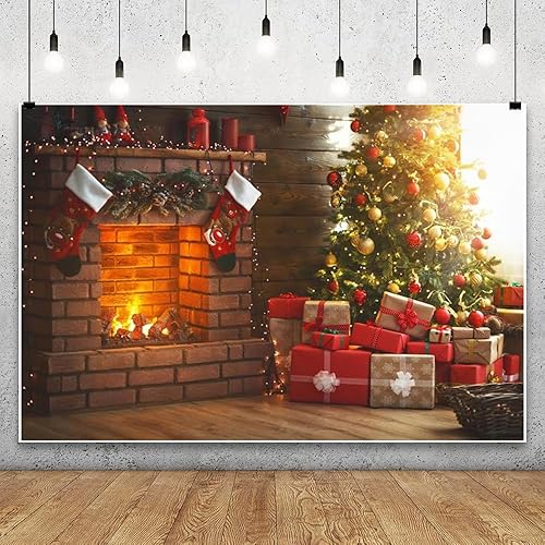 Miniatura 3 de Laeacco Telón de fondo de vinilo de 7 x 5 pies para fotografía interior de Navidad, árbol mágico brillante, chimenea, regalos de decoración de
