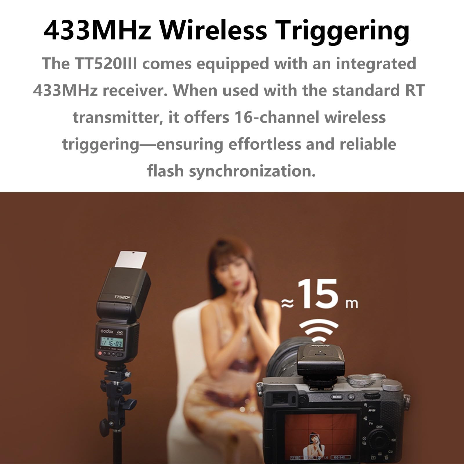 Flash Godox TT520III Per Fotocamera – GN33, Trigger Wireless 433 MHz, Testa Regolabile, Compatibile Canon Nikon Sony E Altre