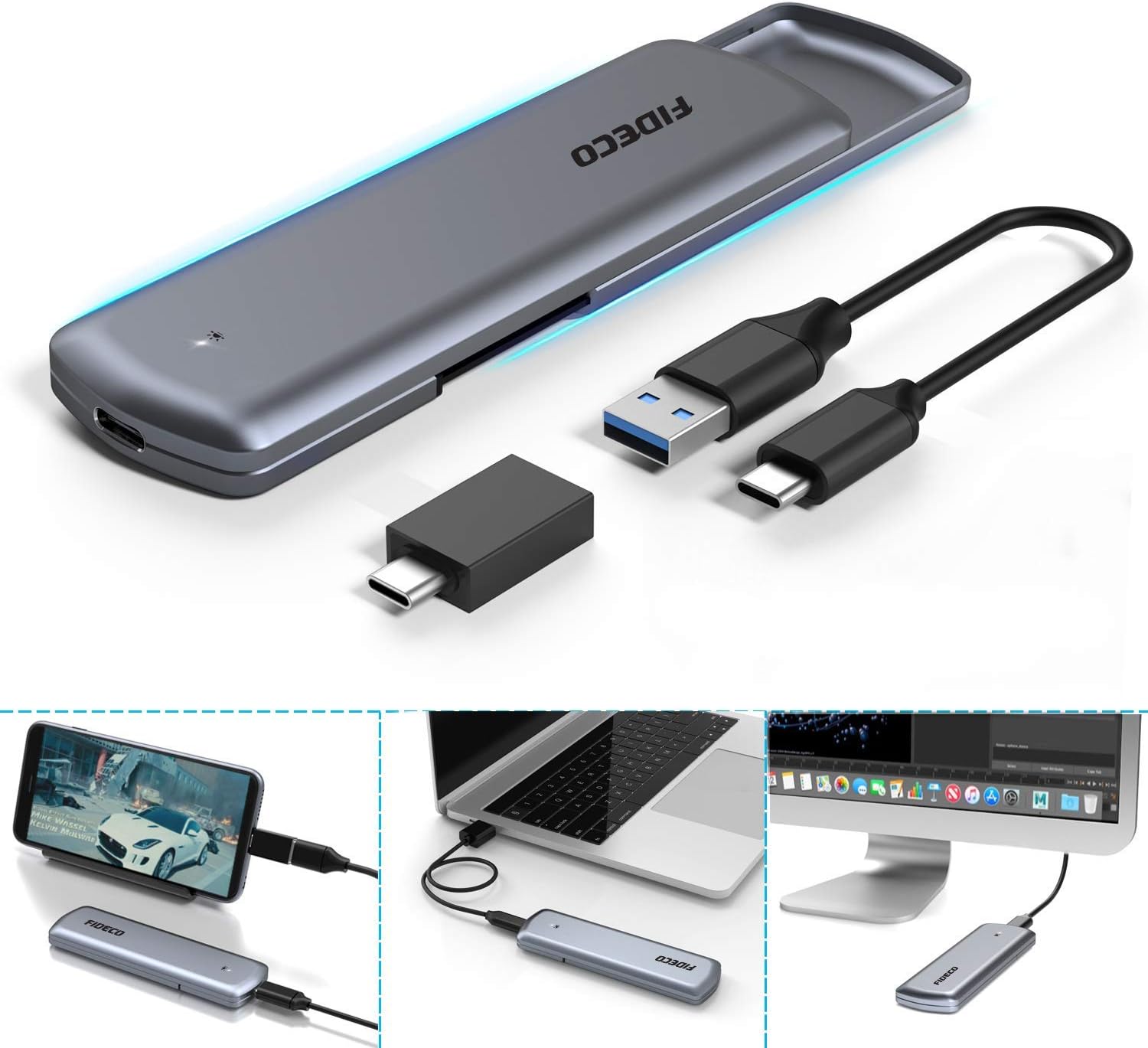 FIDECO M.2 SSD Enclosure, USB 3.1 Gen 2 to NVME PCIe M-Key External Enclosure with UASP for M.2 NVME SSD 2230/2242/2260/2280