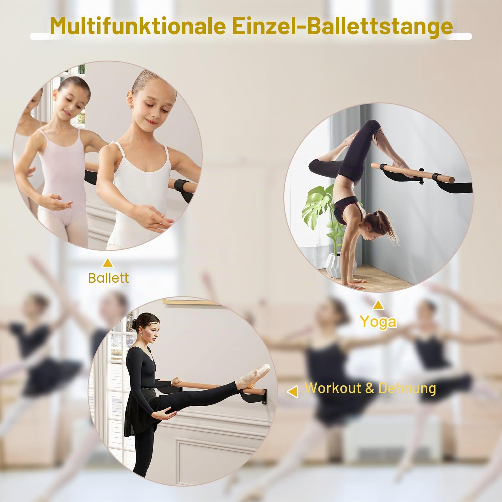 KOMFOTTEU Ballettstange 120cm Wandmontage, Ballett Tanzstange Ø 38 mm aus Buchenholz, Ballettstangenhalter Übungsstange für Yoga Stretching Fitnessstudio