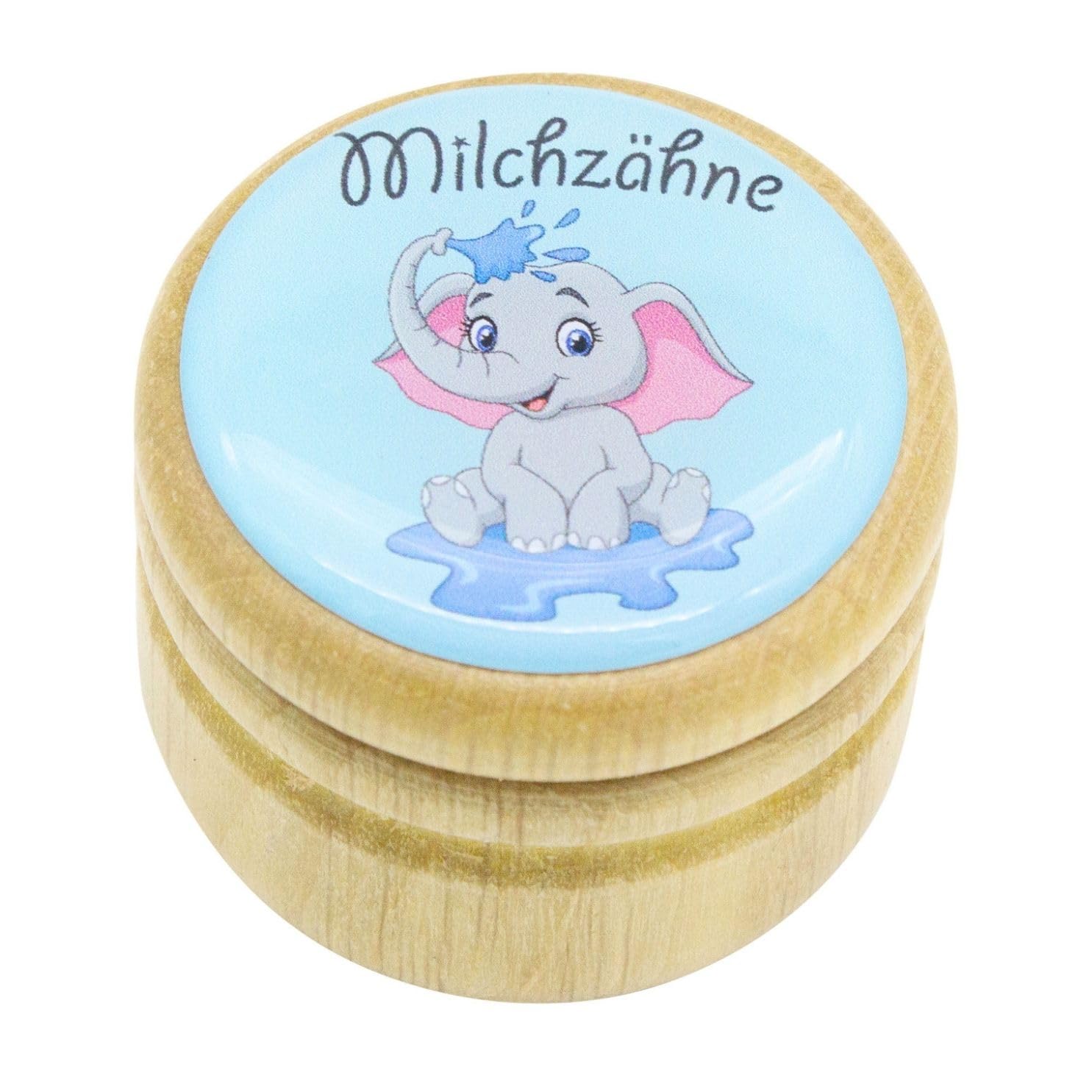 GICO Milchzahndose, Zahndose Milchzähne Bilderdose mit diversen Motiven aus Holz für Jungen und Mädchen mit Drehverschluss 44 mm (Elefant)