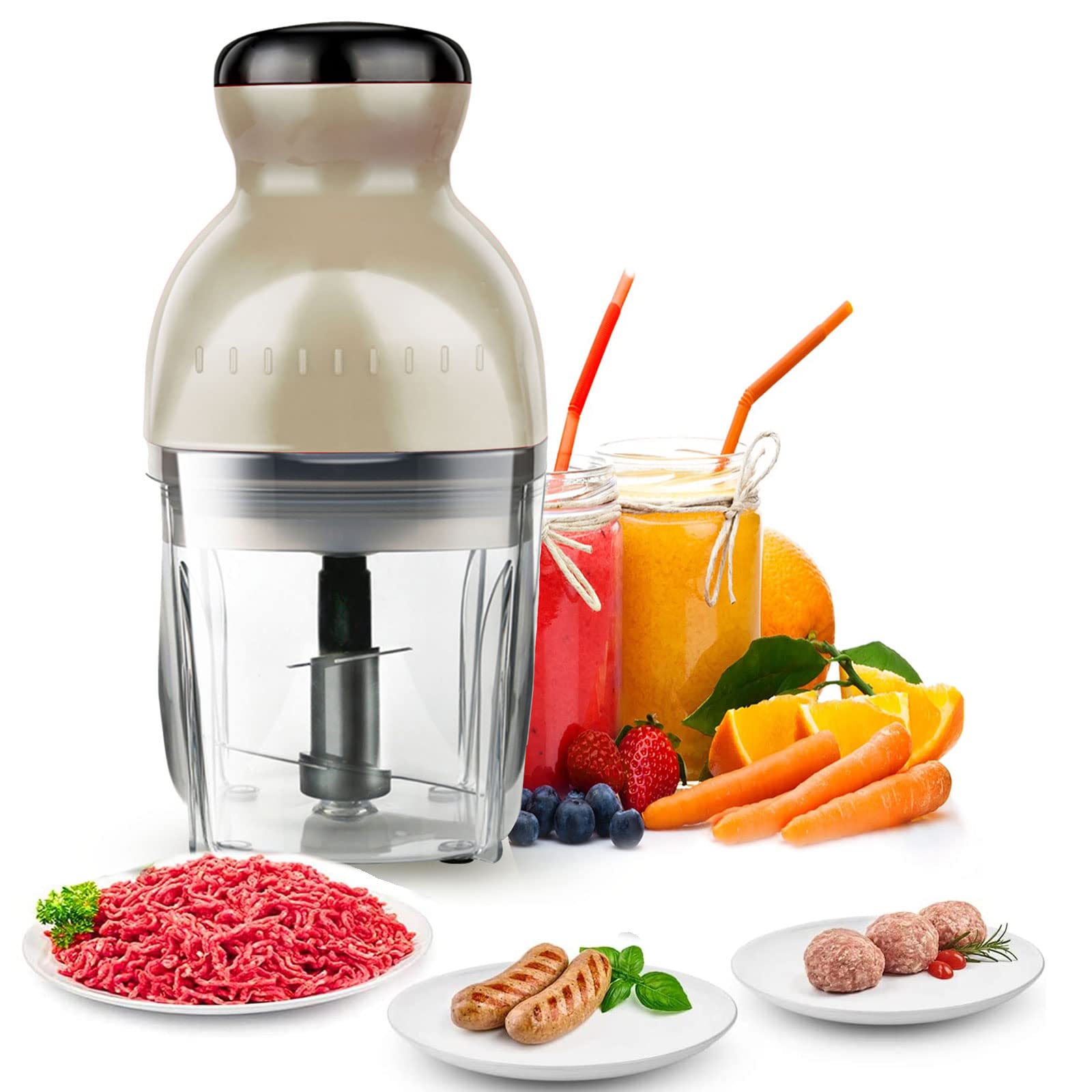 Frullatore Tritatutto Elettrico con Ciotola Vetro/Acciaio Inoxà, 500ML Tritatutto da Cucina Elettrico, Lama in Acciaio Inox a Quattro Taglienti, Tritacarne Miniper Frutta,Verdura,Spezie,Off white