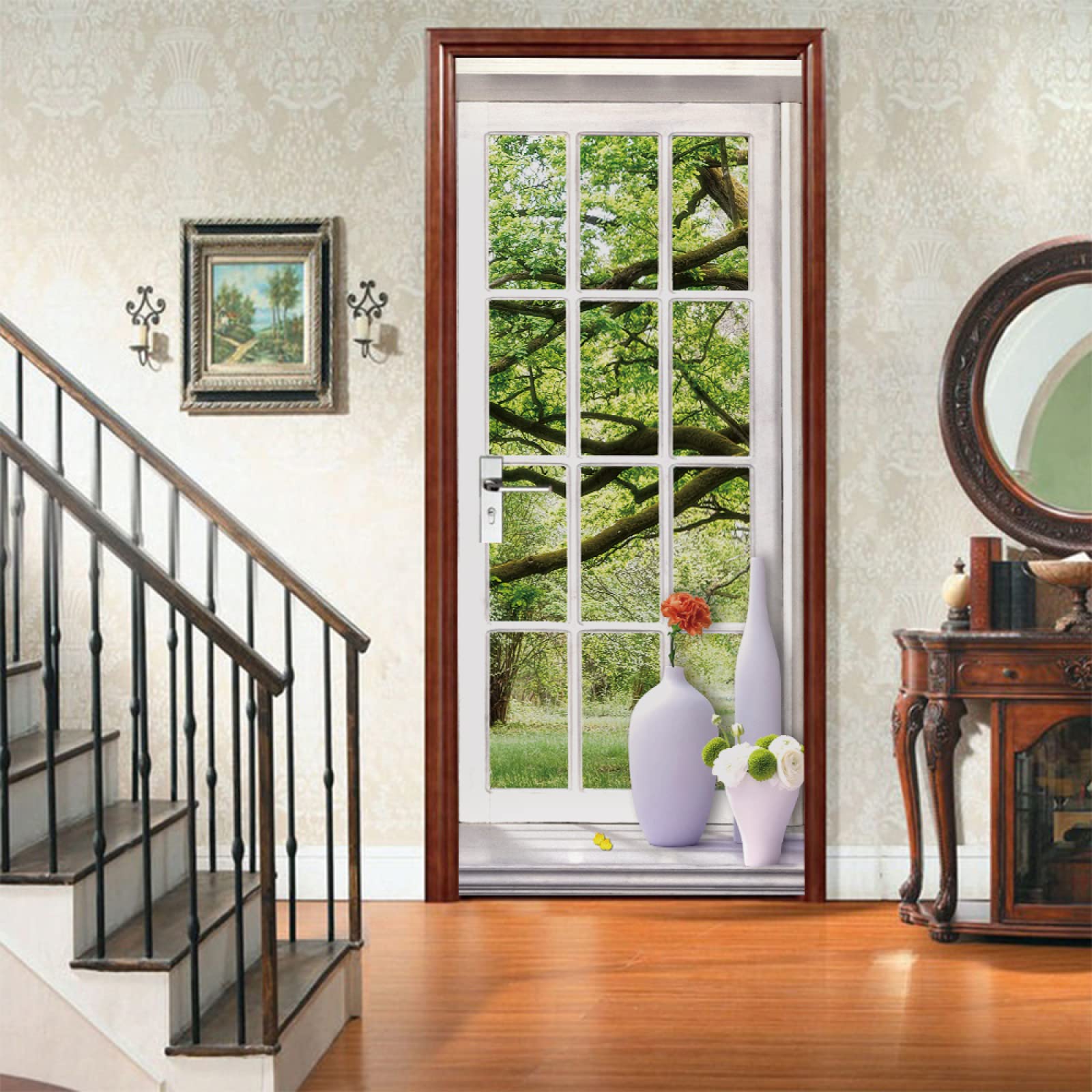 3D Door Stickers Window Flower Forest Mural Art Sticker Wallpaper Self-Adhesive Decals Removable Vinyl W100 x H215cm