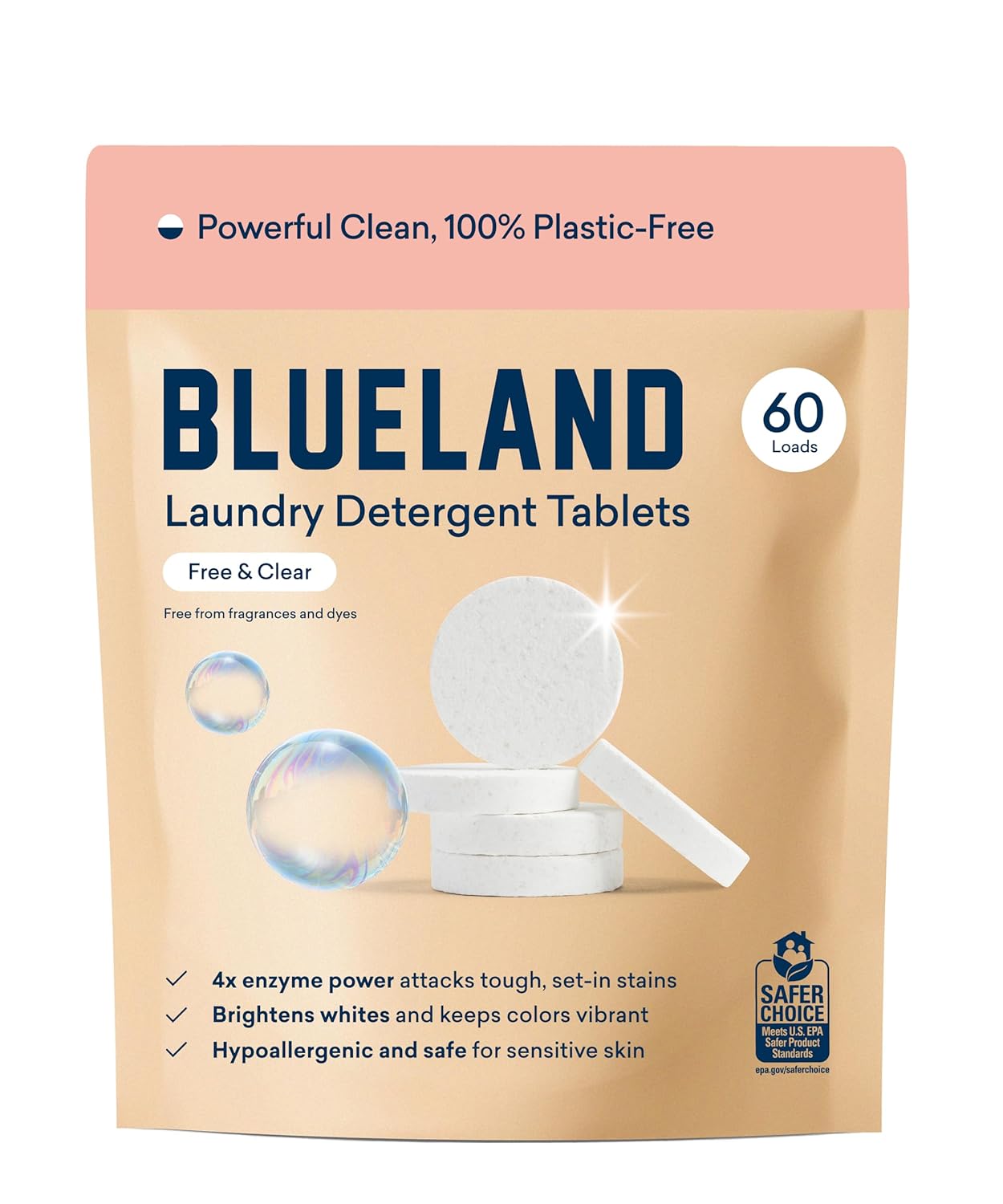 BLUELAND Laundry Detergent Tablets 60 Count Plastic-Free Eco-Friendly Pods Sheets Liquid Alternative - Fragrance Free and Clear Natural