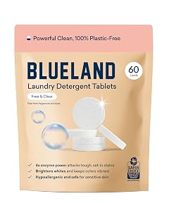 BLUELAND Laundry Detergent Tablets 60 Count Plastic-Free Eco-Friendly Pods Sheets Liquid Alternative - Fragrance Free and Clear Natural