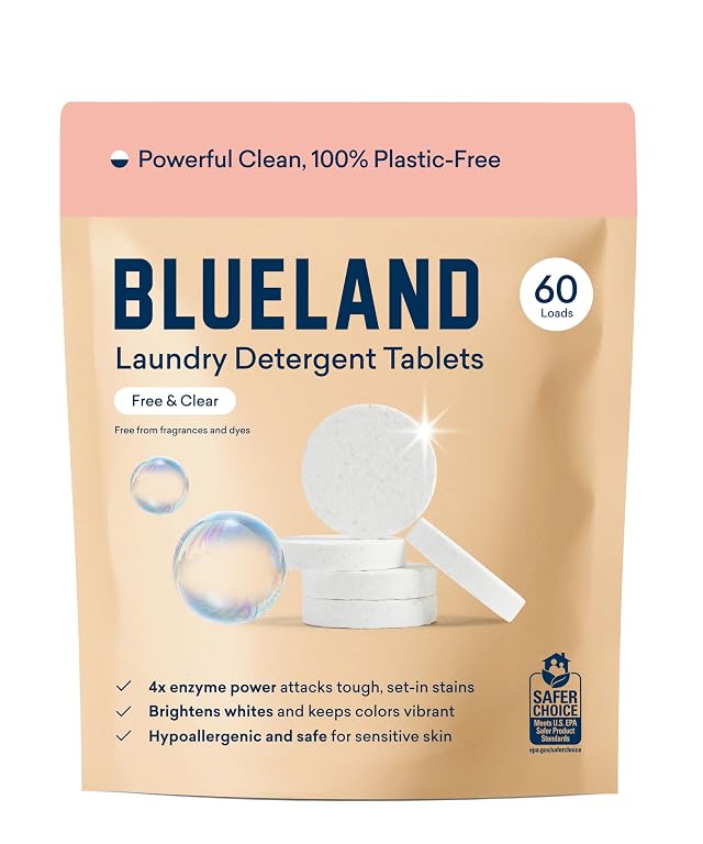 BLUELAND Laundry Detergent Tablets 60 Count Plastic-Free Eco-Friendly Pods Sheets Liquid Alternative - Fragrance Free and Clear Natural
