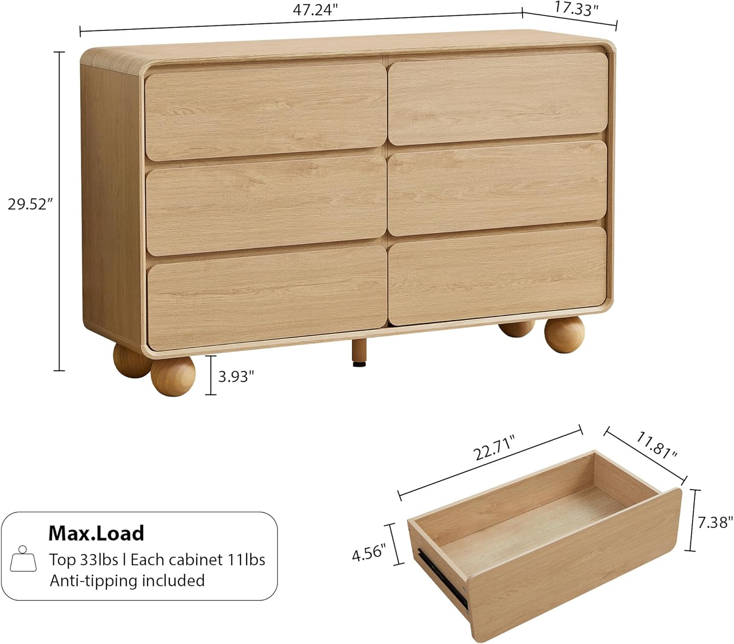 AVZEAR 6 Drawer Dresser for Bedroom, 48" Modern Wooden Dresser Chest of Drawers, Curved Profile Design, Closet Clothes Storage Organizer for Kids Bedroom, Living Room, Nursery, Natural Color