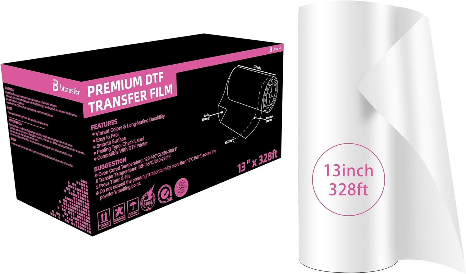 DTF Heat Transfer Film Roll 13" x 328ft for A3 DTF Printer,Premium PET Film Heat Transfer Paper,Direct to Film Printing for T-Shirts Textile Dark and Light Clothing,Double-Sided Matte