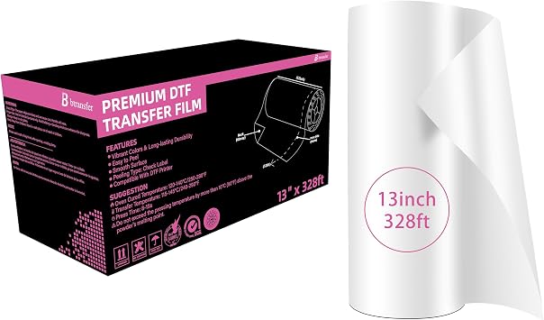 B btransfer 13" DTF Film Roll 328FT Pretreated Upgraded High-Coat PET Transfer Paper, Double-Sided Matte High Ink Absorption for Dark&Light T-Shirts