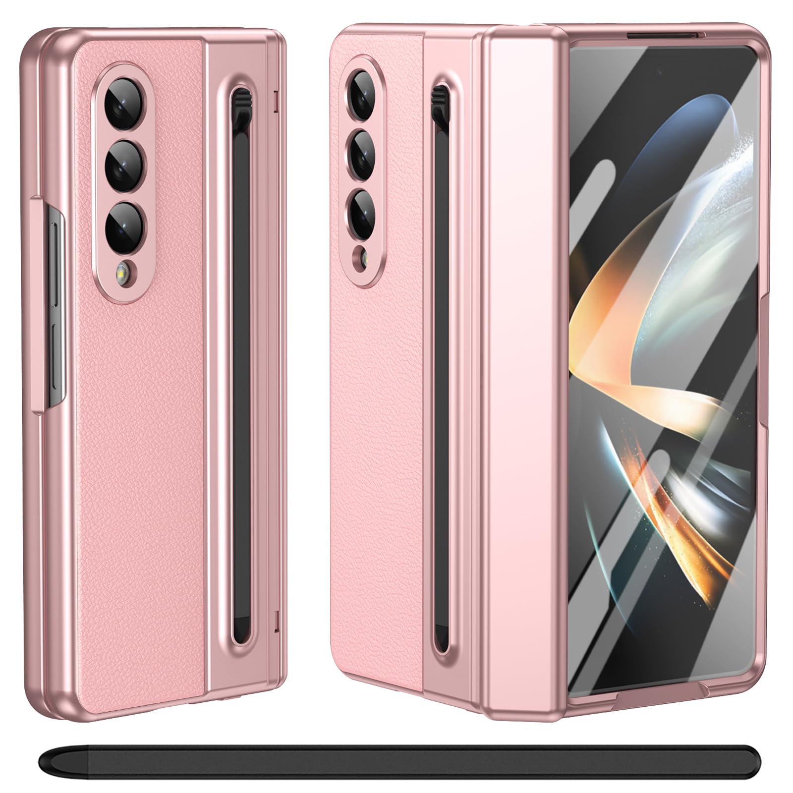 per Galaxy Z Fold 3 Custodia con Penna Stilo, Protezione Cerniera + Porta Penna S + Pellicola Protettiva in Vetro Temperato, Cover in Pelle per Samsung Galaxy Z Fold3-Rosa