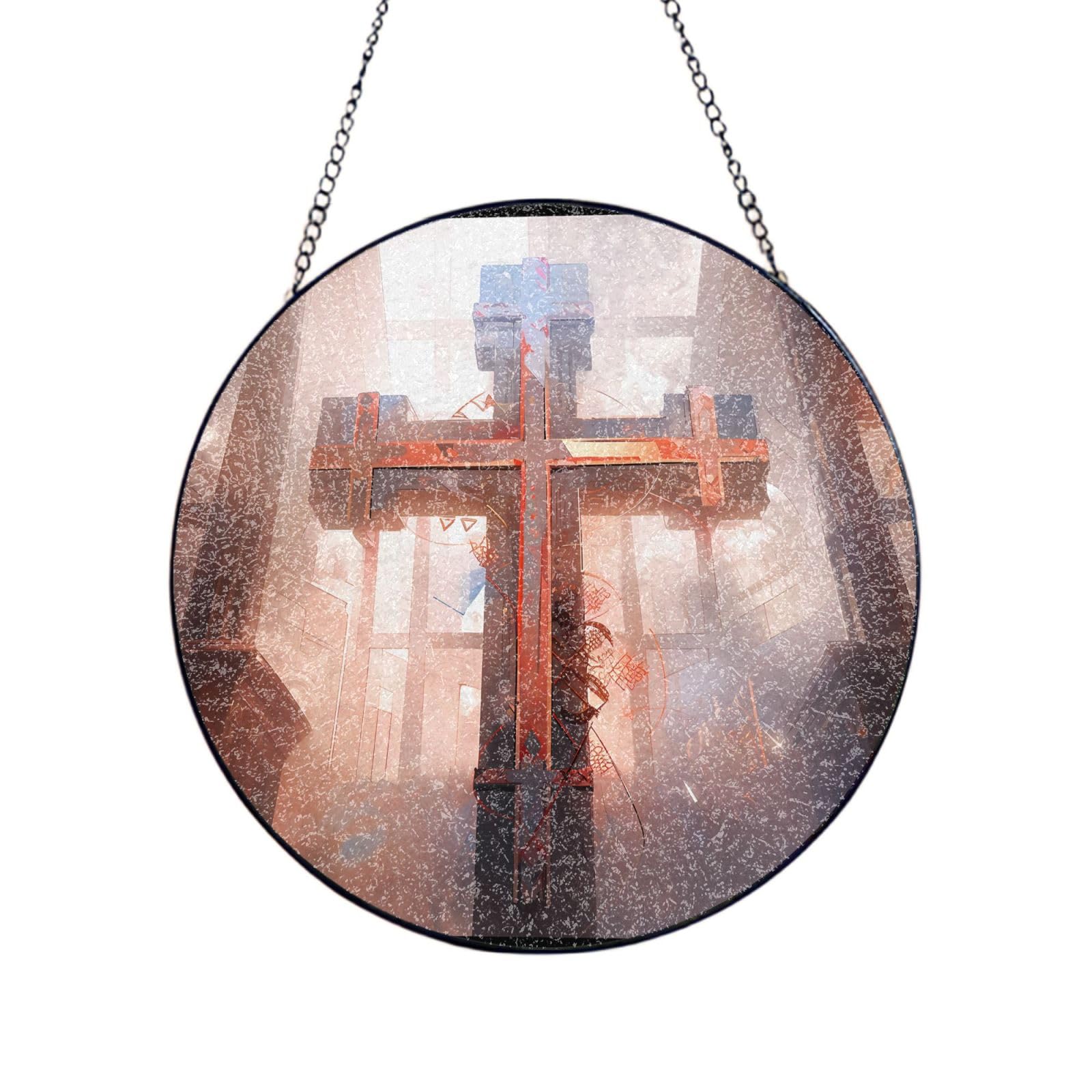 Phayah Crucifixion Print Stained Glass Window Hanging Sun Catchers Decoration Mother'S Day Birthday Gifts For Home Garden Porch 4in（10cm）